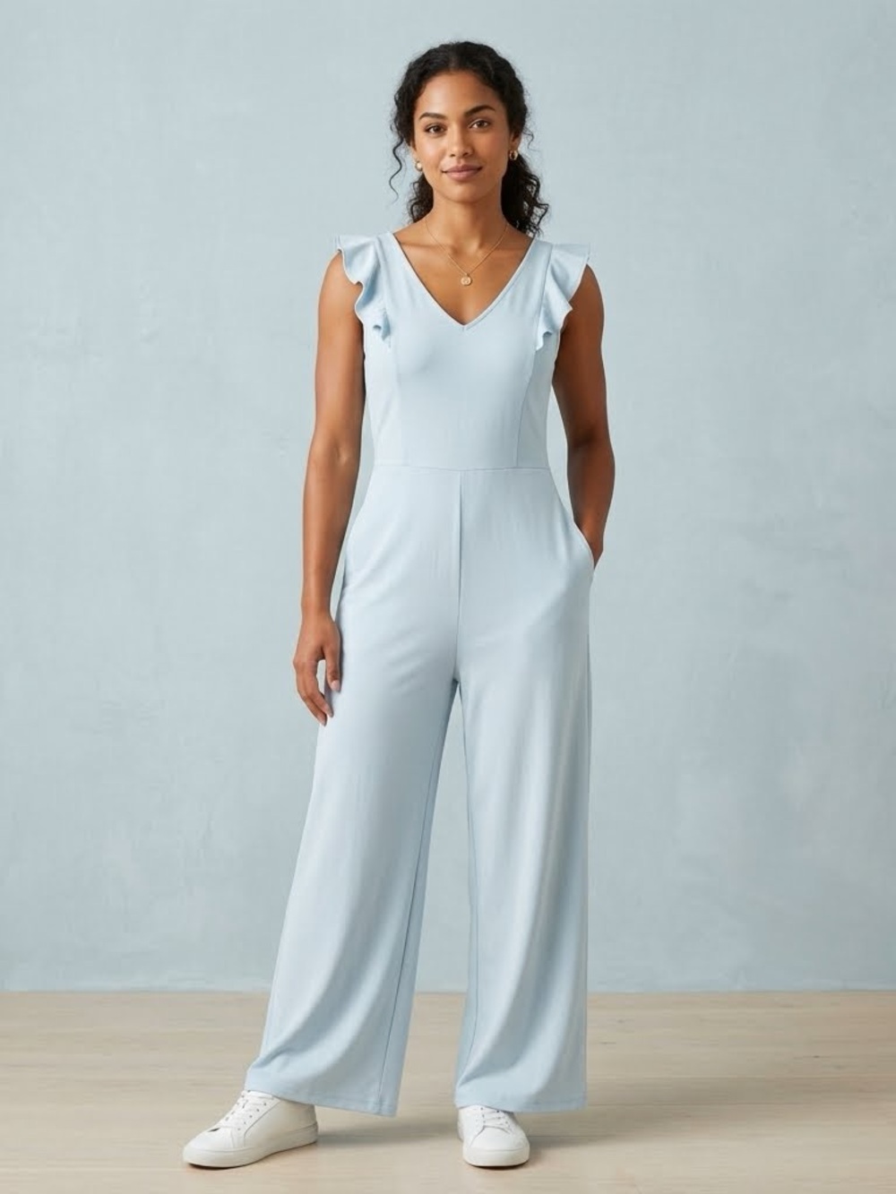 AnyBody Light Blue Ruffle-Sleeve V-Neck Wide-Leg Jumpsuit EUC size Medium